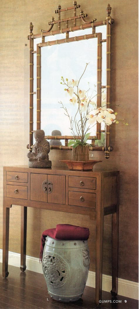 love the whole thing - Asian inspired look - console, and mirror and the colors, and decor Asian Inspired Decor, Asian Interior Design, Indian Interior Design, Chinese Interior, Asian Interior, Asian Furniture, Decorating Bookshelves, Indian Interiors, Chinese Decor