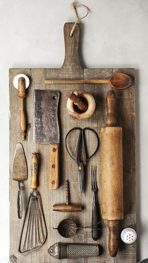 Love this idea for displaying old kitchen utensils. Vintage Kitchen Utensils, Vintage Cooking, Antique Kitchen, Old Tools, Vintage Kitchen Decor, Assemblage Art, Primitive Decorating, Rustic Kitchen, Cooking Utensils