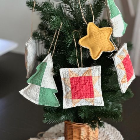 Tami Gray Voth | I love handmade Christmas ornaments especially ones made from old quilts. I’ve been using scraps from the last two quilts I worked on plus... | Instagram Quilted Tree Ornaments, Quilt Christmas Ornaments, Quilt Ornaments, Quilt Christmas, Quilted Ornaments, Quilted Christmas Ornaments, Wood Stars, Christmas Time Is Here, Old Quilts