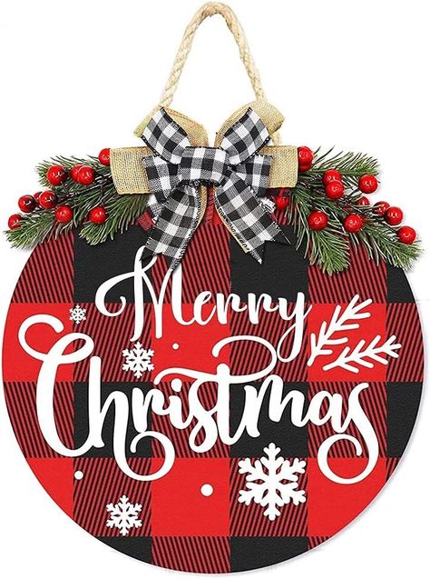 Buffalo Plaid Christmas Decor, Welcome Door Signs, Wooden Welcome Signs, Christmas Decorations Wreaths, Outside Decorations, Merry Christmas Sign, Christmas Hanging, Merry Christmas Decoration, Buffalo Plaid Christmas