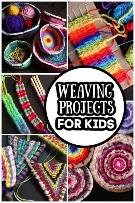 If you're looking for beginner weaving projects for kids, you'll find all of our favourites here in on this page. From traditional cardboard loom weaving to weaving on unusual items like sticks and drinking straws, you're sure to find the perfect weaving craft for your elementary aged child, tween or teen here. #HappyHooligans #Weaving #Projects #Kids #Tweens #Teens #Yarn #Crafts #CampCrafts #Craft Camp Classroom Weaving Projects, Cardboard Loom Weaving For Kids, Cardboard Loom Weaving Projects, Weaving Sticks Projects Ideas, Yarn Weaving For Kids, Elementary Fiber Art Projects, Weaving Sticks Projects, Diy Loom Weaving, Weaving Art Projects