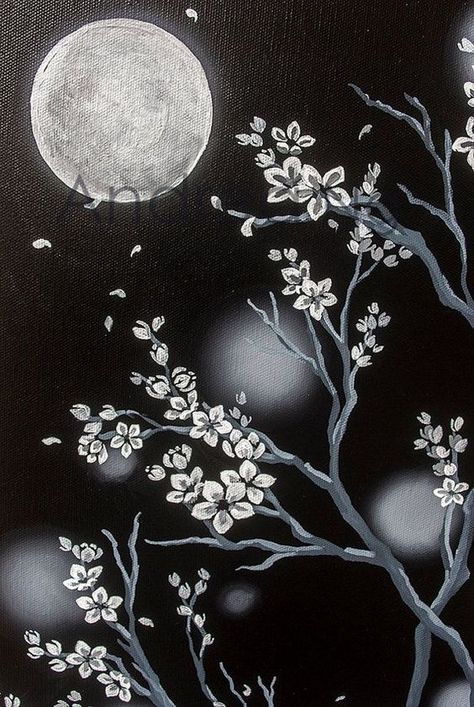 Big Canvas Painting Ideas Black And White, Painting With Black Colour, Back And White Painting, Dark Colour Painting, Art Ideas For Black Canvas, Painting Idea Black Background, Japanese Moon Painting, Canvas Painting Ideas On Black Canvas, Idea For Painting On Canvas