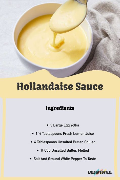 Hollandaise Sauce Ingredients: Butter, egg yolks, lemon juice, and a hint of cayenne pepper. Perfect your brunch game with this creamy classic! 🍳🍋 #HollandaiseSauce #BrunchRecipes Eggs With Hollandaise Sauce, Magic Butter Sauce, Benedict Sauce Recipe, Egg Benedict Sauce, Benedict Eggs Recipe Hollandaise Sauce, Lemon Hollandaise Sauce, Eggs Benedict Hollandaise Sauce, Egg Benedict Recipe, Eggs Benedict Hollandaise