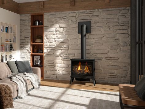 Lakefield XL Direct Vent Freestanding Gas Fireplace Stove | Kozy Heat Freestanding Gas Fireplace, Gas Stove Fireplace, Wood Burning Stoves Living Room, Fireplace Stove, Wood Burning Stoves, Direct Vent Gas Fireplace, Freestanding Stove, Gas Fireplace Insert, Brick Masonry