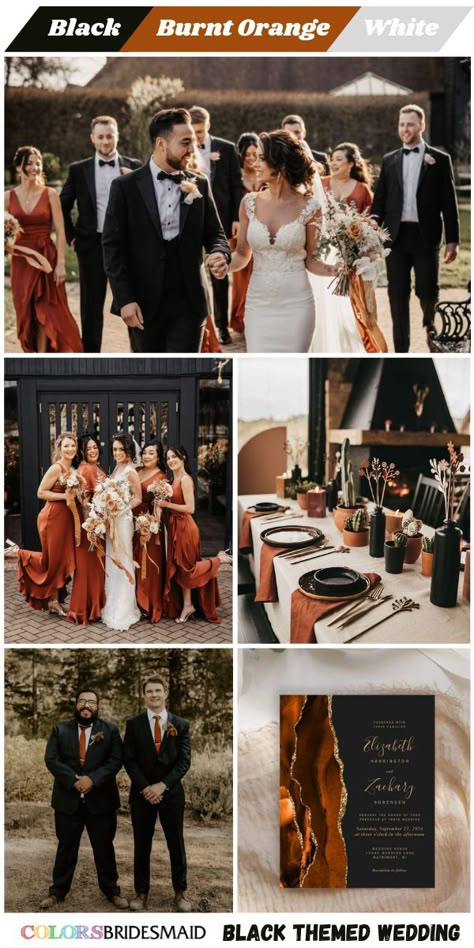 Orange And Black Wedding, Black Wedding Colors, Black Groomsmen Suits, Orange Wedding Color Palette, Vintage Wedding Colors, Wedding Color Themes, Boho Wedding Colors, Orange Wedding Themes, Burnt Orange Bridesmaid Dresses