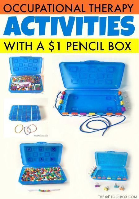 These pediatric occupational therapy activities use a dollar pencil box  as a DIY therapy tool that helps kids with fine motor and visual motor skills, and common materials to work on fine motor skills, visual motor skills, coordination, crossing midline, bilateral coordination, and dexterity with kids. #finemotor #finemotorskills #occupationaltherapy #schoolbasedOT #theottoolbox Pencil Box Ideas, Pediatric Occupational Therapy Activities, Diy Box Ideas, Occupational Therapy Activity, Therapy Supplies, Box Ideas For Kids, Occupational Therapy Kids, Bilateral Coordination, Therapy Activity