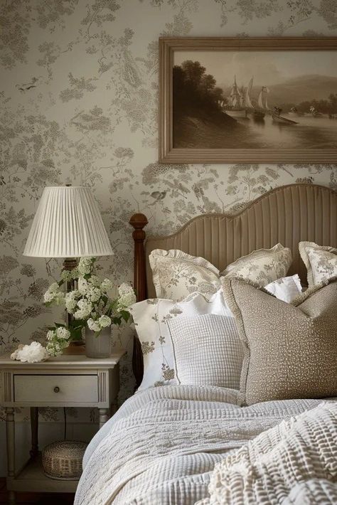 Antique French Bedroom Furniture, English Manor Bedroom Aesthetic, Traditional Classic Bedroom, Neutral Cottage Core Bedroom, French Bedroom Ideas Vintage, Cozy Bedroom Headboard, Bedroom Inspirations Cottage, Neutral Country Bedroom, New England Bedroom Decor