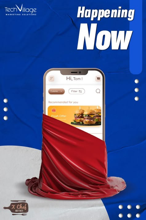 Happening Now, New Mobile App for "X chef" is Under Construction, and we are launching it soon. 📱 here's a sneak for you to stay posted 🥁 #tech_village #mobileapp #mobileappdesign #mobileappdevelopment Phone Advertising Design, App Campaign, Phone Advertising, Mobile Advertising Design, Hotel Marketing Design, App Ads, Funny Marketing, Realistic Flower Tattoo, Mobile Ads