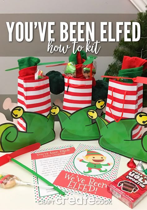 You've Been Elfed. It's probably the most fun you'll have leading up to Christmas. You've Been Elfed Ideas Neighbor Gifts, Elfing Neighbors Ideas, Elf Diy Decorations, December Office Activities, You’ve Been Elf’ed, Elf Your Neighbor Ideas, Elfed Neighbors Gifts Ideas, You Have Been Elfed, Elf Christmas Decor