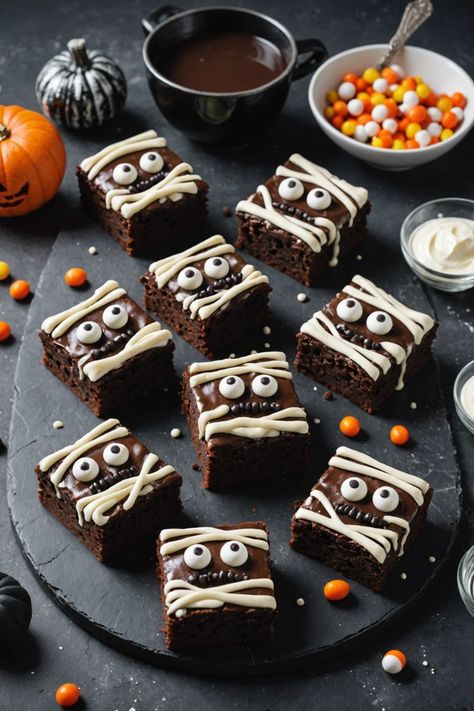 A photo of a  Mummy Brownies which is a type of Halloween Brownies Halloween Desserts Peanut Butter, Halloween Food Ideas Dessert, Brownie Bites Halloween Treats, Halloween Shareables, Spooky Themed Desserts, Holloween Deserts Easy, Gluten Free Spooky Snacks, Halloween Food Cookies, Halloween Desserts For Contest