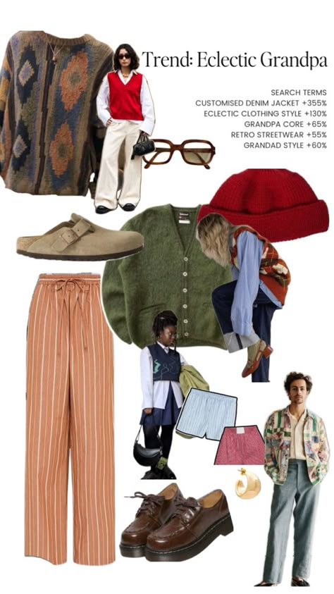 Collage of eclectic grandpa inspiration featuring different fashion pieces Grandpa Fashion Aesthetic, Sarah Outfits, Minimalism Outfit, Coastal Grandpa, Eclectic Grandma, Grandpa Aesthetic, Grandpa Outfit, Grandpa Fashion, Coastal Grandma Aesthetic