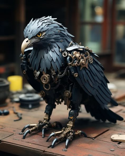 Animal Robot Concept Art, Cyberpunk Animals, Mechanical Bird, Steampunk Bird, Steampunk Robot, Steampunk Animals, Mechanical Animals, Robot Animal, Raven Queen