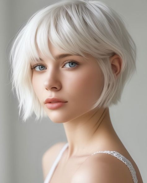 Platinum Blonde French Bob with Choppy Bangs Platinum Long Pixie, Short French Bob With Bangs Blonde, French Bob Hairstyles With Bangs, Bob Blonde Hair With Bangs, Short Platinum Hair With Bangs, Edgy French Bob, Platinum French Bob, French Bob With Bangs Blonde, Face Framing With Bangs