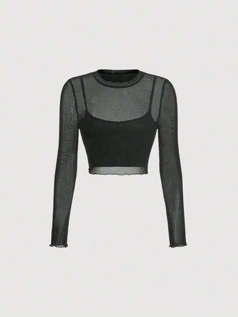 Blusa Cosecha Negra Transparente Con Detalles De Lechuga Negro Casual  manga larga Tela tejida Liso  Elástico Ligero  Women Clothing, size features are:Bust: ,Length: ,Sleeve Length: Goth Mesh Top, Black Long Sleeve Mesh Top, Emo Tops, Black Top Long Sleeve, Top Transparente, Crop Tops Long Sleeve, Chic Black Outfits, Crop Top Design, Black Mesh Crop Top