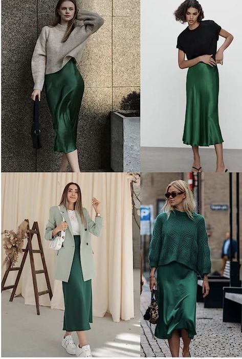 Midi Skirt High Waisted Solid Satin Dress Zipper Elegant Work Skirts Green Satin Skirt Outfit, Green Satin Skirt, Green Silk Skirt, Satin Skirts, Satin Skirt Outfit, Black Silk Skirt, Skirts Casual, Skirt Silk, Long Pencil Skirt