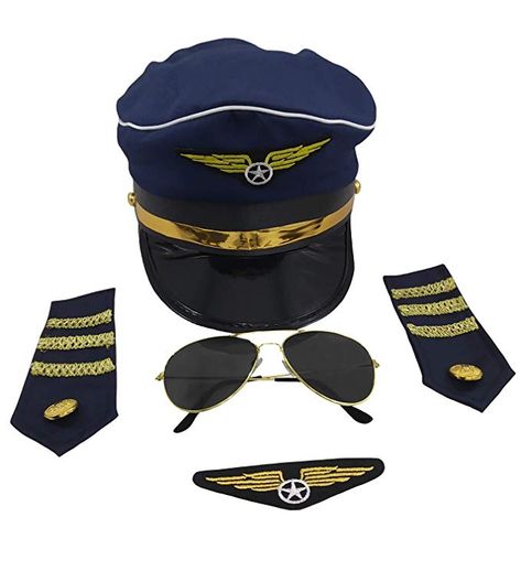 Amazon.com: Airline Pilot Costume Accessory Set, Blue Gold, One Size: Clothing Aviator Costume, Navy Pilot, Pilot Costume, Pilot Hat, Airline Uniforms, Куклы American Girl, Airline Pilot, Visor Sunglasses, Navy Hats