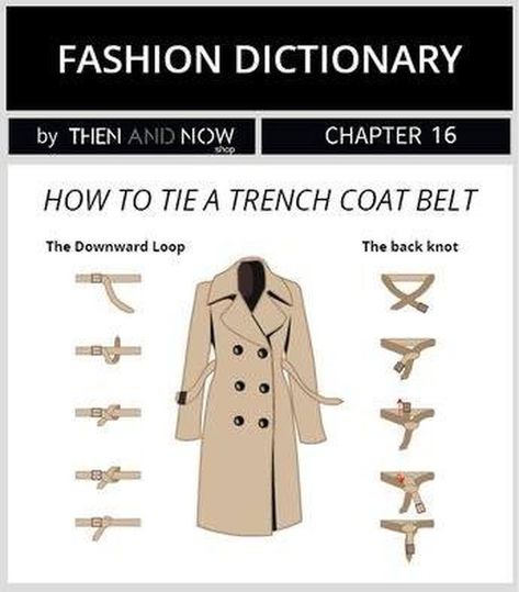 Day 7 of my #VisualDictionary post marathon. Here is a #FashionDictionary for how to tie a trench coat - just in case you need to know how… Trenchcoat Style, Trench Coat Outfits, Coat Belt, Belt Coat, Mode Tips, Trench Coat Outfit, Fashion Dictionary, Trench Coat Style, Belt Fashion