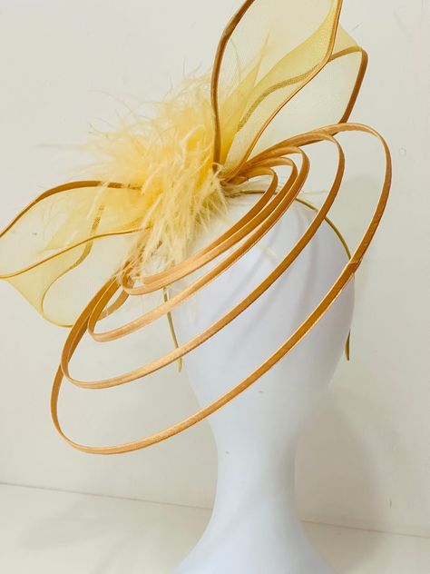 Bow Fascinator Headband, Kentucky Derby Fascinator Hat, Golden Yellow, Bronze, Black, Feather Bow Fascinator Headband, Modern Bow Spiral Hat Gold Fascinator, Bow Fascinator, Fascinator Hats Diy, Kentucky Derby Fascinator, Veiled Hats, Derby Fascinator, Feather Fascinator, Mini Hats, Headpiece Jewelry