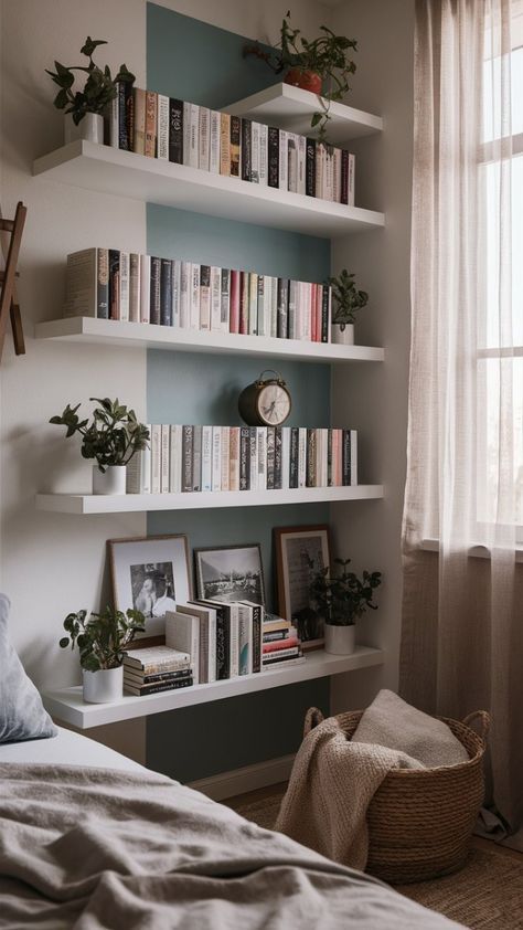 Space Saving Shelves Bedroom, Cool Shelving Ideas Bedroom, Overhead Shelves Bedroom, Hanging Shelves Over Bed, Above The Bed Bookshelves, Wall Shelf Ideas Bedroom Storage, Bedroom Bookshelves Decor, Clever Interior Design Ideas, Small House Decorating Ideas Bedrooms