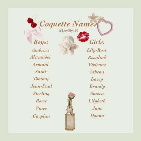 Names As Aesthetics, Aphrodite Inspired Names, Names I Adore Coquette, Coquette Names Girl, Coquette Baby Names, Coquette Names Aesthetic, Cute Email Names, Coquette Dog Names, Cute Names Aesthetic