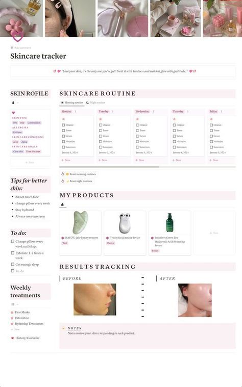 Skincare tracker | Aesthetic everyday planner Skin Care Notion Template, Skincare Notion Template, Notion Skincare, Simple Notion Template, Tracker Aesthetic, Skincare Tracker, Skincare Planner, Skincare Template, Routine List