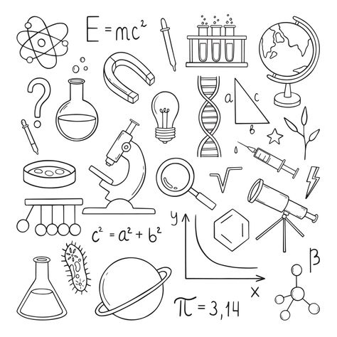 Science Doodles Physics, Science Vector Illustration, Sciencetist Drawing, Physics Related Drawings, Physic Drawings, Cute Physics Doodles, Laboratory Doodle, Science Cartoon Drawings, Science Doodles Biology