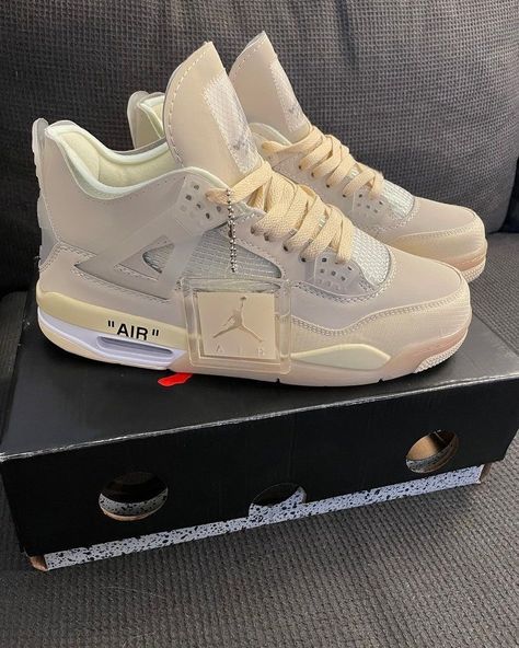 Air Jordan 4 x Off-White Beige Air Jordans 1 Mid, Jordan 4 Off White, Jordan 4’s, Jordan Retro 4, Sneakers Jordans, White Jordans, Black Jordans, Jordan 4s, Nike Air Jordan 1 Mid