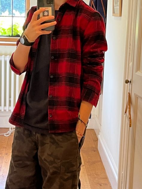 #outfit #fit #clothing Punk Street Style Men, Lumberjack Core Outfits, Gamercore Outfits Male, Outfits Ideas For Guys, Red Grunge Outfit Men, Flannel Boy Aesthetic, Red Button Up Shirt Outfit Men, Guy Clothing Style, Midwest Emo Fashion Male