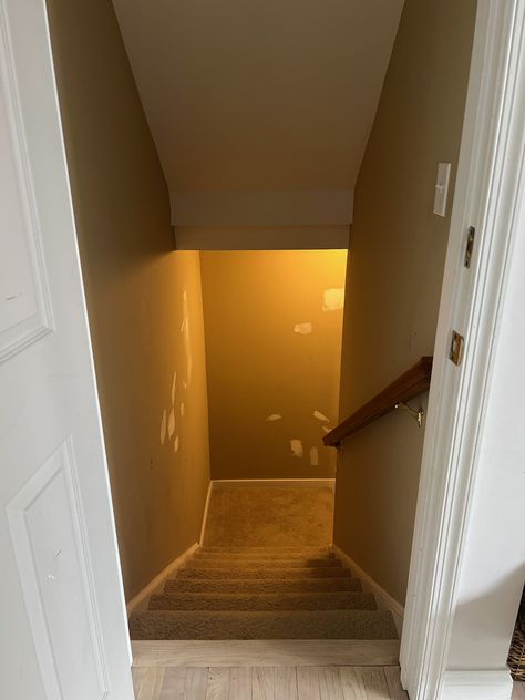 Basement Stairway Makeover - Stair Installation - Cass Makes Home Black Basement Stairwell, Basement Remodel With Carpet, Basement Stair Well Wall Ideas, Basement Stair Landing Ideas, Painting Basement Stairs Ideas, Basement Landing Decor, Narrow Basement Stairs, Closed Stairwell Ideas, Basement Stairs Wall Ideas