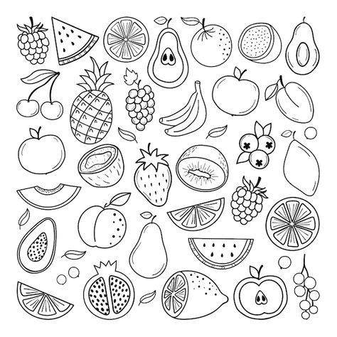 Fruit Simple Drawing, Fruit Vector Art, Vector Fruit Illustration, Fruits Line Art, Fruit Doodles Easy, Food Clipart Free Printable, Fruits Illustration Design, Cartoon Fruit Drawing, Simple Fruit Drawings