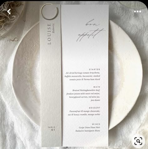 Wedding Table Stationary, Wedding Menu Cards Place Settings, Wedding Place Settings Without Plates, Menu Wedding Cards, Wedding Table Name Ideas, Menu With Name, Wedding Plating, Wedding Table Place Cards, Wedding Table Place Settings