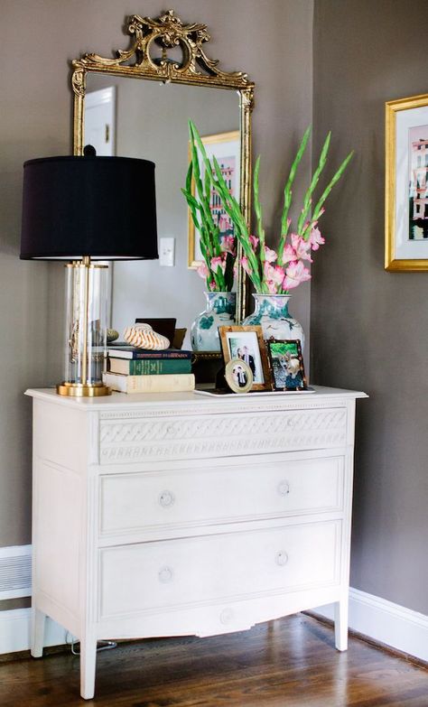 the real raleigh: rachel hardin Dresser Vignette, Light Wooden Floor, Entryway Ideas, White Dresser, Bedroom Dresser, Bedroom Dressers, White Rooms, Eclectic Decor, Home Fashion