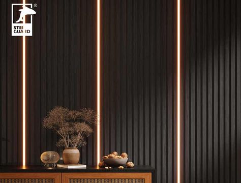 How To Install LED Light On Wood Slat Wall Slat Wall With Crown Molding, Wood Slat Lighting, Light Wood Slat Wall, Slat Wall Lighting, Slat Wall Office, Wood Panel Lighting, Wood Slat Accent Wall, Slat Wall Ideas, Acoustic Slat Wall