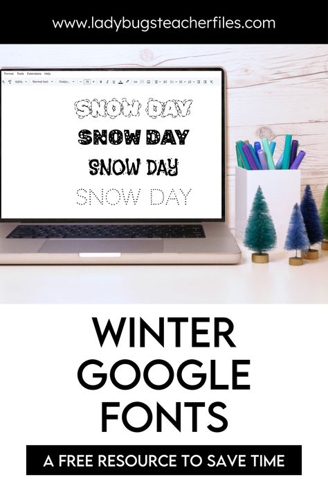 Four snowy Google Fonts for you! This article features links to each of the fonts. Be sure to check out the end of the post to grab a time-saving resource to add these fonts to your Google Docs, Slides, and Sheets...instantly! Best Google Fonts, Winter Fonts, Teacher Files, Valentine Font, First Snowfall, Google Fonts, Free Fonts Download, Time Saving, Google Docs