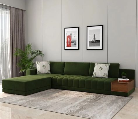 Green L Shaped Sofa, L Shaped Sofa Designs, Latest Furniture Designs, L Shape Sofa Set, Sitting Room Design, Sofa Velvet, Dressing Table Storage, Hall Interior Design, Wooden Street