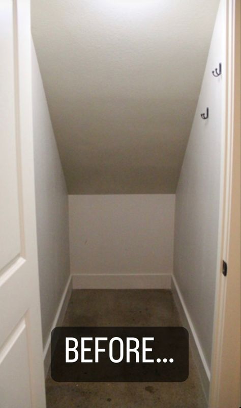 I decided to give my closet under the stairs a little makeover! Previously this has been the closet where everything goes to die. Now it’s full of storage and function! Clothes Closet Under Stairs Ideas, Under Steps Storage, Under Basement Stairs, Under Stairs Cupboard Storage, Office Under Stairs, Stairway Storage, Stairs Closet, Under Stairs Pantry, Under Stairs Nook