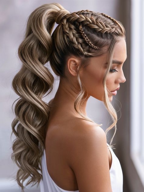 Cute Hairstyles For Long Hair For A Wedding, Braided Hair Styles Long Hair, Long Braided Wedding Hairstyles, Cute Braid Ponytails, Prom Hairstyles Ponytail Braid, Styled Ponytail Long Hair, Hair For Long Dress, Hairstyles For Wedding Ponytail, Wedding Braid Ponytail