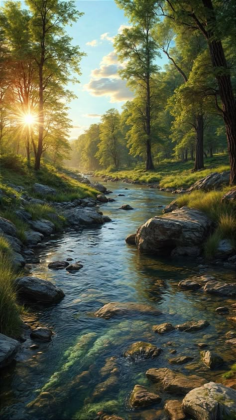 Flowing Water Painting, Flowing Water Wallpaper, Serene Forest, Forest Stream, Flowing River, Landscape Photography Nature, Tall Trees, Beautiful Landscape Wallpaper, Scenery Nature