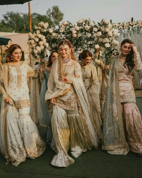 Bridal looks bridal dress ideas bridal makeup ideas makeup ideas Nikkah Outfits For Sisters, Bridesmaid Nikkah Outfit, Nikkah Guest Outfit Ideas, Desi Bridesmaid Dresses, Nikkah Bridesmaid Outfit, Nikkah Dress For Sisters, Bride To Be Dress Ideas, Desi Bridesmaids Outfits, Nikkah Inspiration