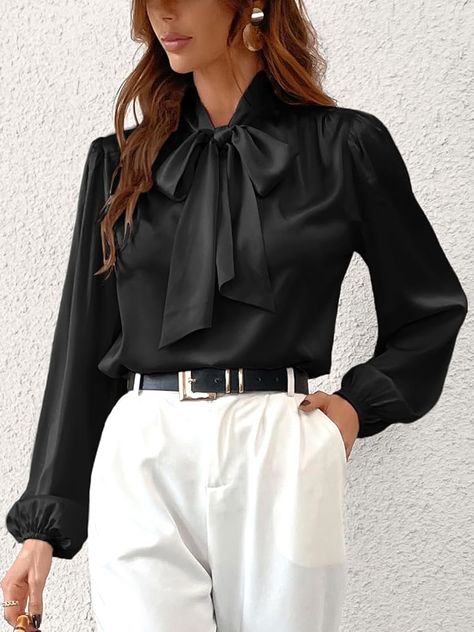 CUPSHE Satin Shirt Top for Women Bow Tie Long Sleeve Shiny High Neck Work Casual Blouses Champagne XL : Amazon.co.uk: Fashion Black Satin Button Up Outfit, Satin Button Up Outfit, Silk Shirt Outfit, Button Up Outfit, Black Silk Shirt, Satin Button Up, Lady Clothes, Business Lady, Casual Blouses