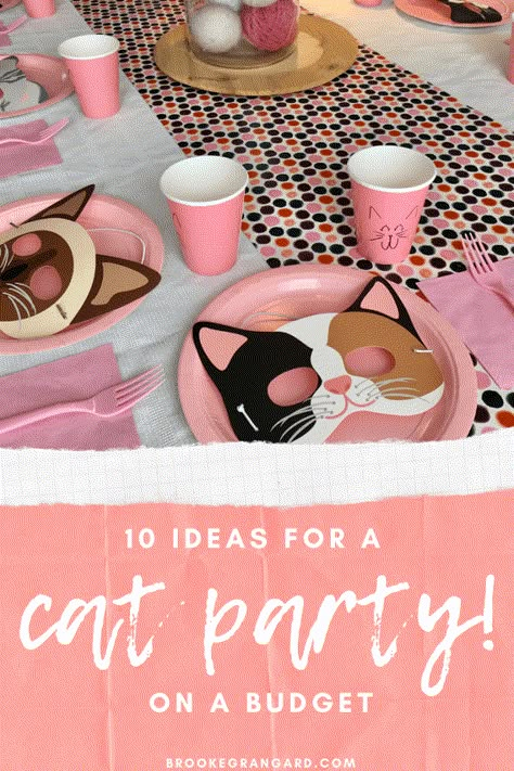 10 Easy Ideas for a Kitty-Cat Themed Birthday Party on a Budget - Brooke Grangard Diy Cat Themed Birthday Party, Cat Birthday Party Ideas For Kids, Cat 3rd Birthday Party, Kitty Cat Theme Birthday Party, Kitty Kat Birthday Party, Cat Bday Party Ideas, Kids Cat Birthday Party, Kitty 3rd Birthday Party, Cat Theme Birthday Party Ideas