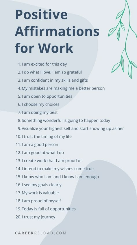 30+ Positive Affirmations for Work. Boost your mindset and well-being at work with positive affirmations.  #PositiveAffirmations #Affirmations #SelfAffirmations #AffirmationsForWork #AffirmationsForSuccess Self Growth Positive Affirmations, First Day Of Work Affirmation, Affirmation For Positive Mindset, Work Affirmations Positive Thoughts, Affirmations For Sales People, Work Place Affirmations, Manager Affirmations, Successful Work Affirmations, Positive Job Affirmations