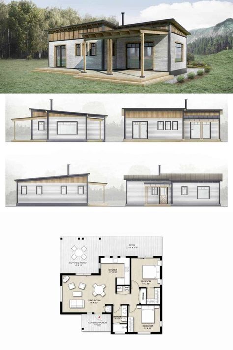 Small House Plans Modern - Truoba Mini 217 Small House Plan Two Bedroom House Design, Spending Time Outside, Small Modern House Plans, Two Bedroom House, Small House Floor Plans, Cabin House Plans, Tiny House Floor Plans, House Construction Plan, Small House Plan