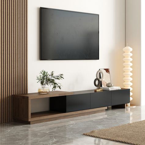 This contemporary extendable TV stand with three spacious drawers, providing a holding capacity for TVs up to 80 inches in size. It combines modern design with high-quality material to make it the perfect unit in any living area. This TV stand is perfect for holding media devices while adding a modern touch to beautify any living space. Premium MDF, a durable, eco-friendly high density engineered wood ensures quality Wear-resistant tabletop Extendable design Interchangeable Installation allows f Extra Large Tv Stand, Tv Unit Metal And Wood, Tv Unit Design Modern Black, Living Room Tv Table Ideas, Table Tv Modern, Tv Units With Storage, Floating Shelf Below Tv, Dark Wood Interior Design Living Room, Media Wall Modern