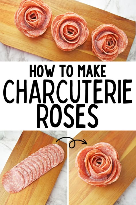 A quick and easy tutorial how to make beautiful charcuterie roses from salami. Salami Roses Charcuterie, Salami Flowers Diy, Making Salami Roses, Small Rectangle Charcuterie Board Ideas, How To Make Charcuterie Roses, Rose Meat Charcuterie, How To Make A Charcuterie Rose, Charcuterie Board With Salami Roses, Charcuterie Roses How To