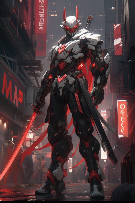 Robot Swordsman Concept Art, Samurai Mecha Robots, Mecha Samurai Art, Robot Armor Concept Art, Robot Samurai Concept Art, Ninja Mecha, Mecha Concept Art, Red Mecha, Samurai Robot