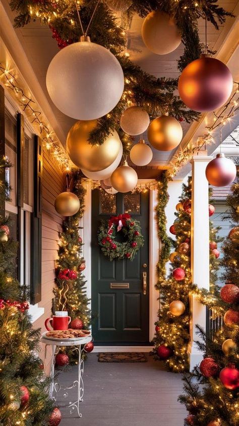 Easy Christmas Porch, Christmas Porch Decor Ideas, Decoration Vitrine, Christmas Decor Inspiration, Christmas Front Porch, Christmas Porch Decor, Christmas Themes Decorations, Christmas Porch, Front Porch Christmas Decor