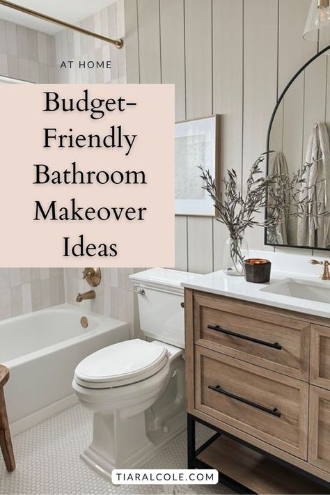 Cozy, affordable bathroom makeover featuring simple upgrades that transform the look without the cost. Bathroom Remodeling Ideas On A Budget, How To Elevate Old Bathroom, Small 3 Piece Bathroom Remodel, Basic Bathroom Renovation, Hall Bathroom Update, Hall Bath Remodel, $100 Bathroom Makeover, Spare Bathroom Decor Ideas, How To Make Bathroom Cozy