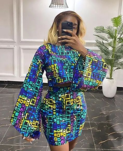 Current Ankara Styles: 50 Mindblowing Ideas to Show Your Tailor Top And Skirt Ankara Styles, Casual Ankara Outfits For Women, Ankara Short Skirt And Top, Skirt And Top Ankara Styles, Modern Ankara Dress Styles, 2 Yards Ankara Dress Styles, Ankara Crop Top Styles, Ankara Crop Top And Skirt, Ankara Dress Style