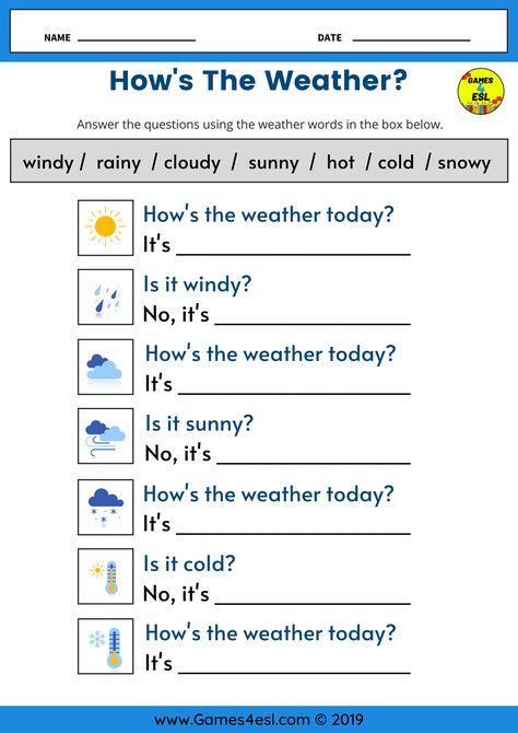 This ESL worksheet is for teaching weather vocabulary to kids and beginner English language learners.   Students should fill in the blank space with the correct weather word Weather Esl, Conversation For Kids, Esl Worksheets For Beginners, English Conversation For Kids, Teaching Weather, Weather Worksheets, Weather Vocabulary, Teach English To Kids, Weather Words